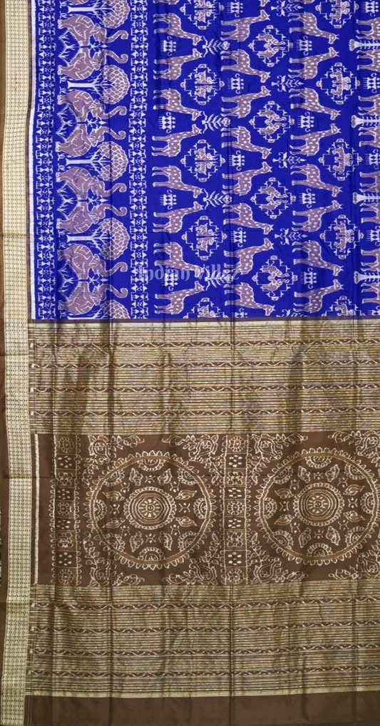 Blue Brown Deer Motif Odisha Ikat Sambalpuri Silk Saree 