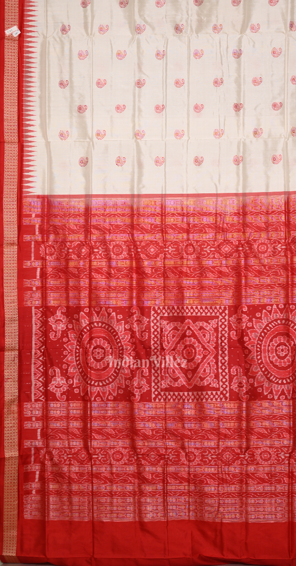 White Red  Paisley Odisha Ikat Bomkai Sambalpuri Silk Saree