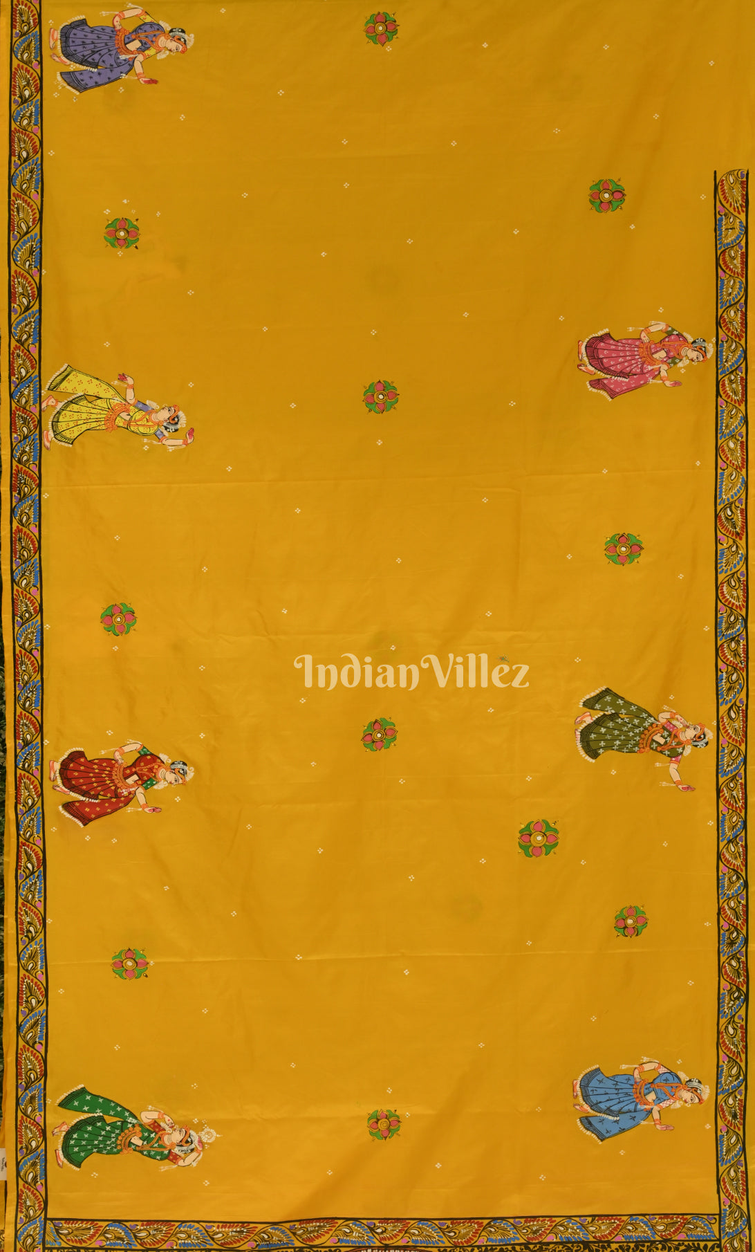 Mustard Yellow Ramayan Theme  Hand-Painted Pattachitra Saree 