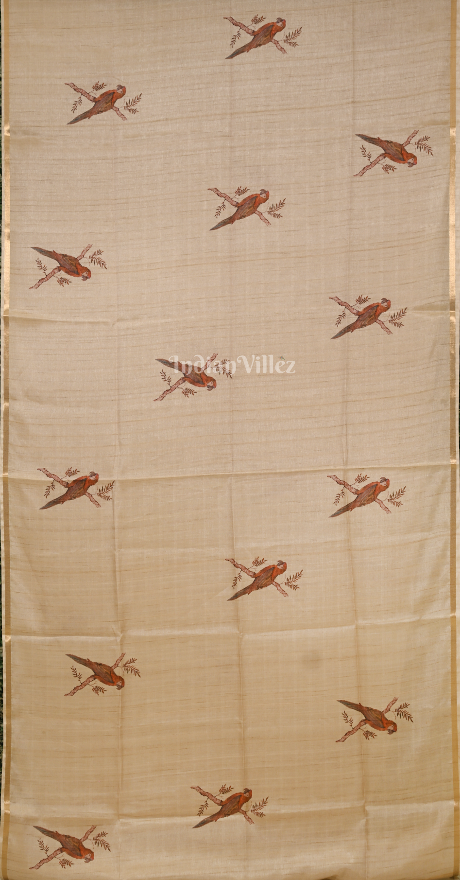 Beige Brown Bird Motif Tusasr Silk Saree 