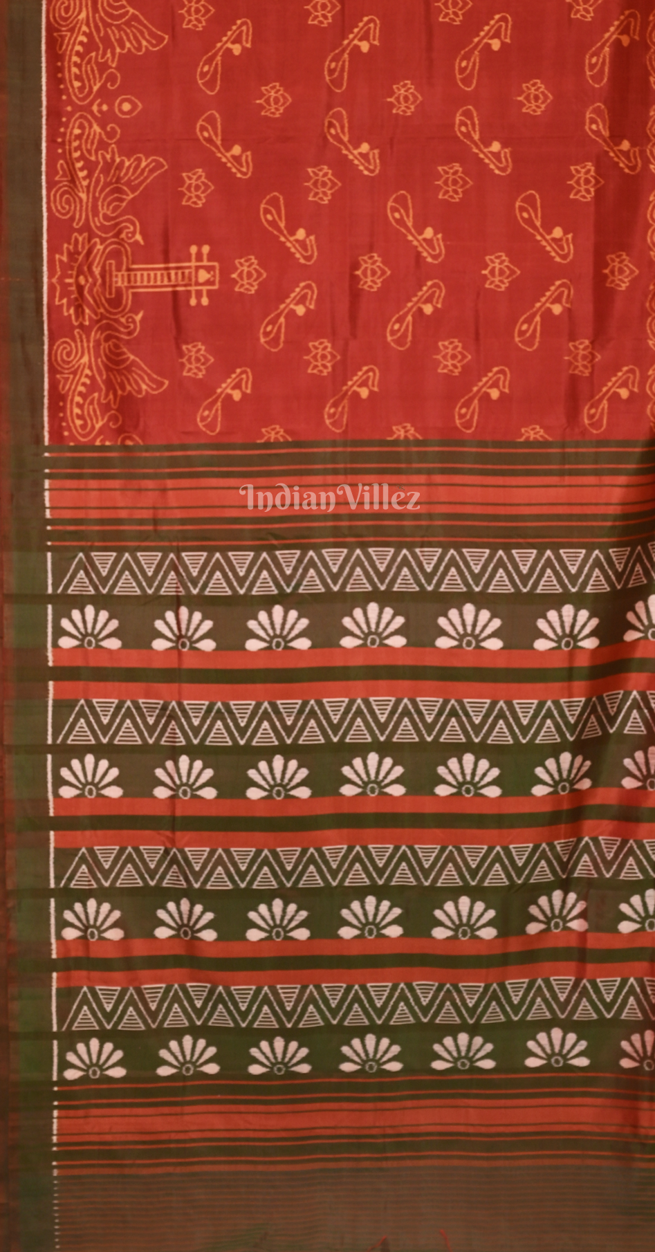 Maroon Moss Green Lotus Motif Contemporary Designer Silk Saree-
