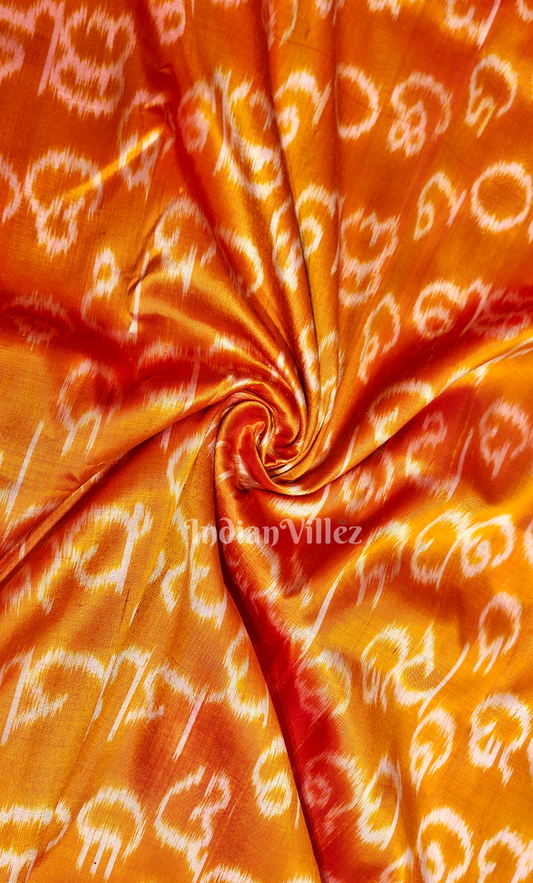 Orange Red Odia Barnamala Theme  Odisha Ikat Sambalpuri Silk Fabric