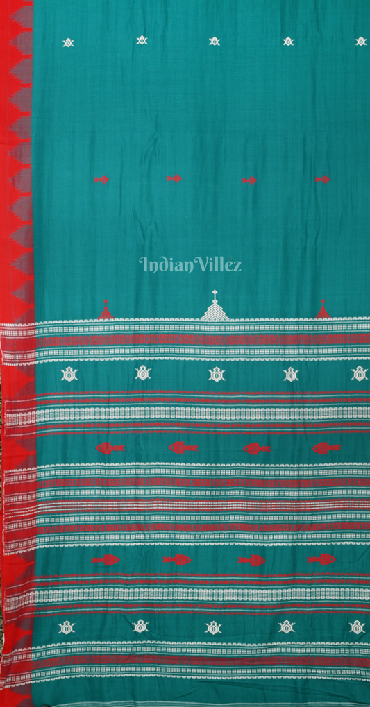 Sea Blue Red Odisha Handloom Natural Dye Kotpad Cotton Saree 