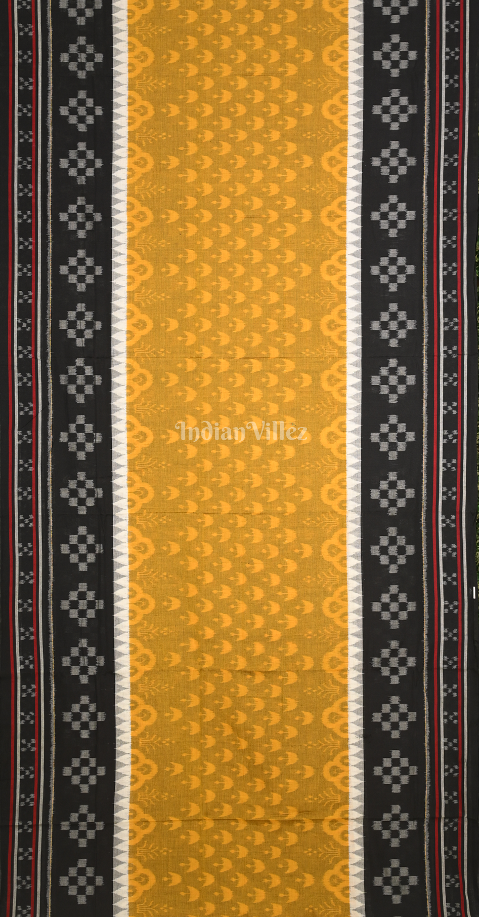 Yellow Black Diya MotifOdisha Ikat Sambalpuri Pure Cotton Saree with Double Pasapali Border