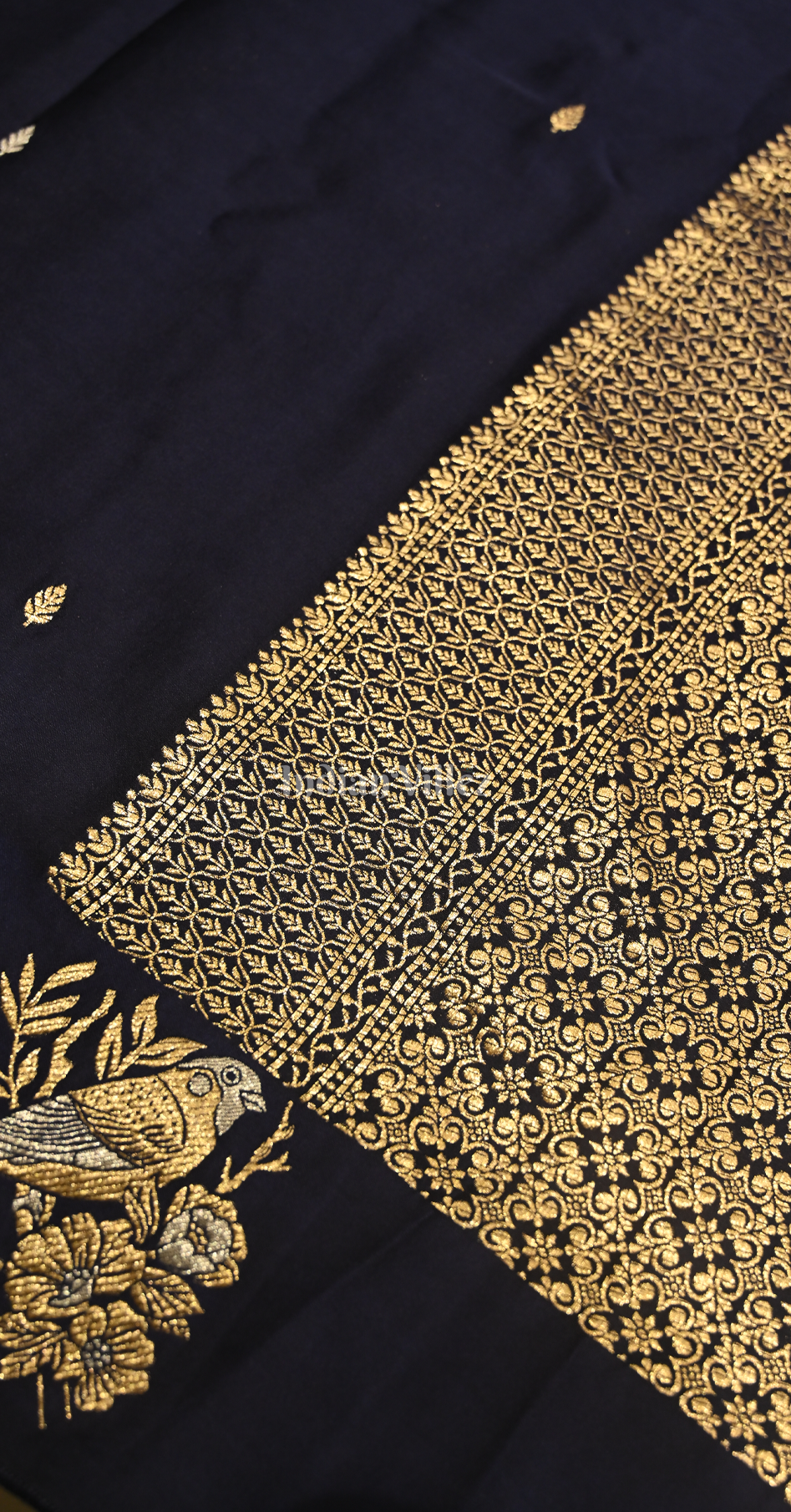 Navy Blue Pure Satin Crepe Silk Banarasi Saree 