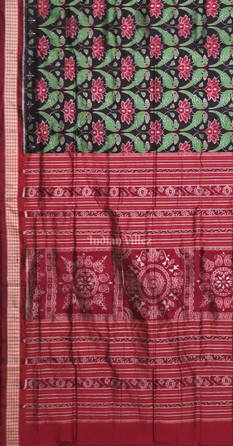 Black Red Lotus Parrot Motif Odisha Ikat Sambalpuri Silk Saree 