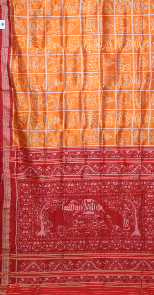 Exclusive Mustard Yellow Red Nabakothi Odisha Ikat Sambalpuri Silk Saree 