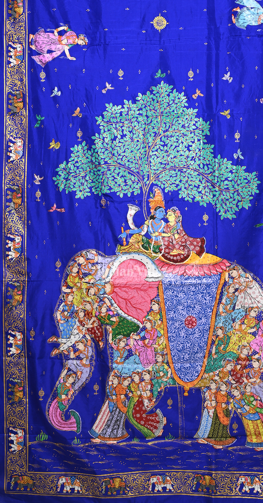 Deep Blue Kandarpa Hati (Elephant) Hand-Painted Pattachitra Saree