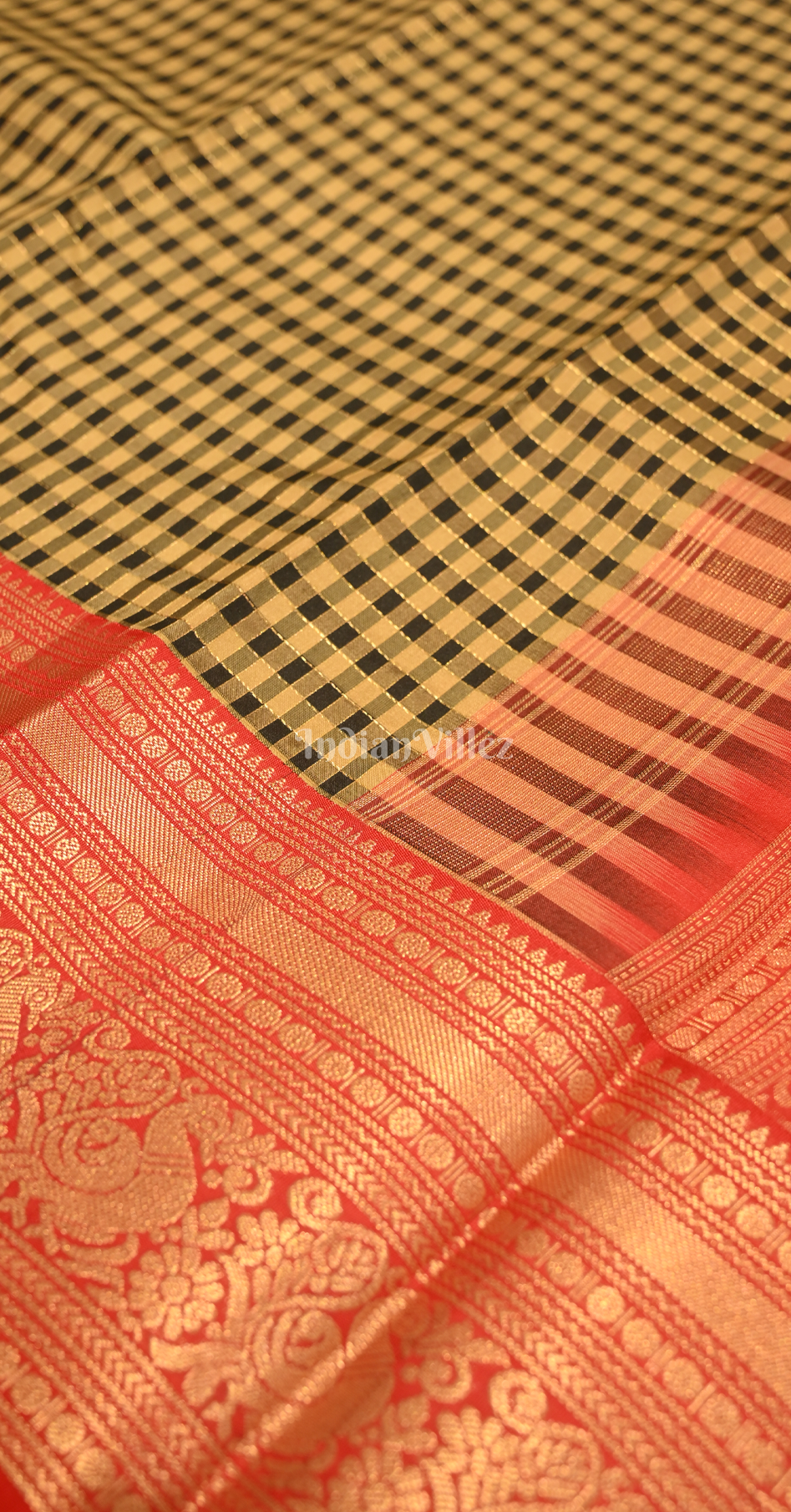 Black Yellow Check Design Pure Brocade Kanjivaram Silk Saree