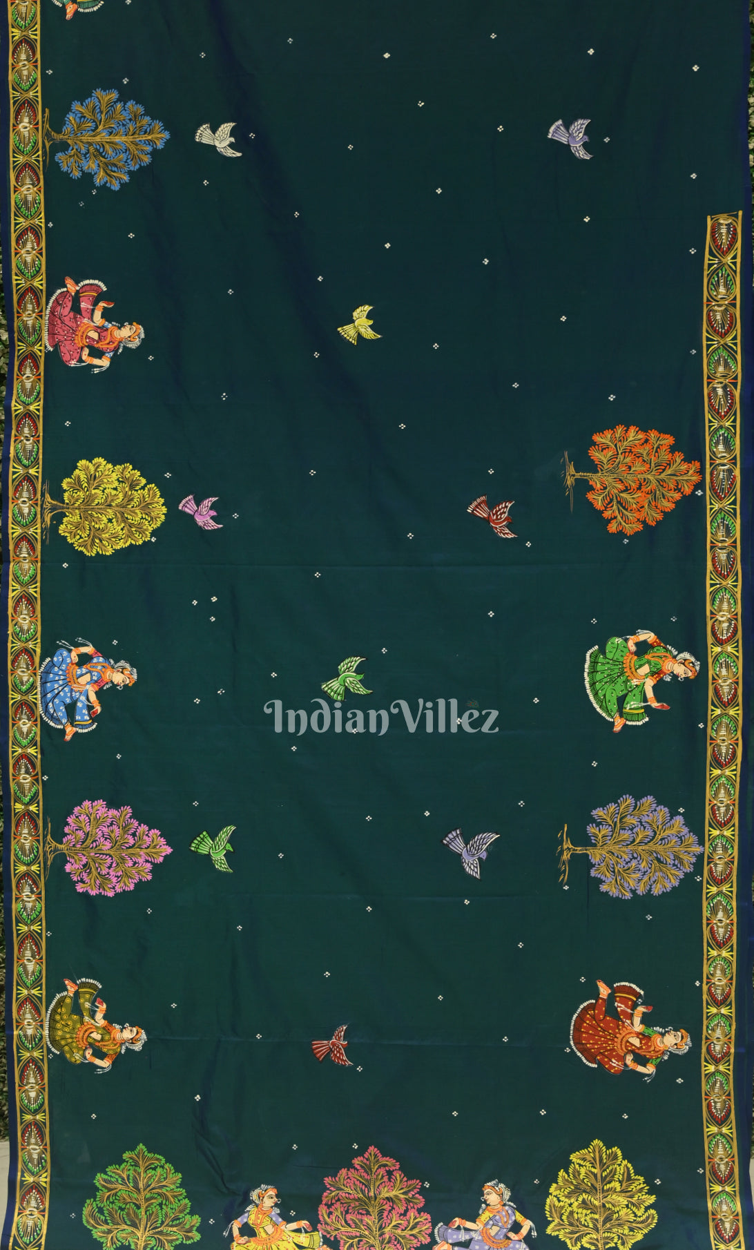 Peacock Blue Ardha Chandra Krishna Rasa Leela Hand-Painted Pattachitra Saree 