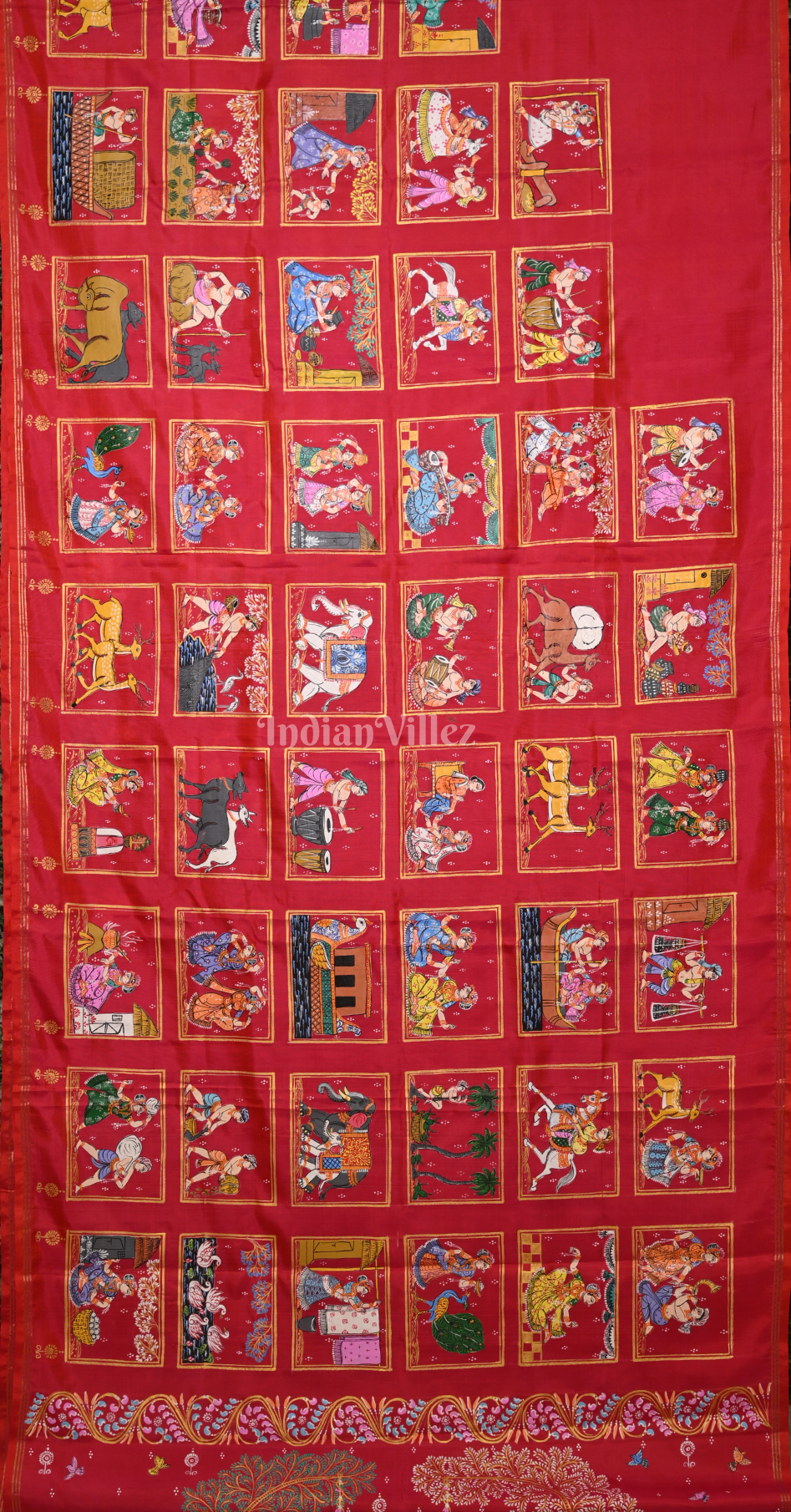 Red Green Raja Doli Village Theme Hand- Painted Pattachitra Saree 