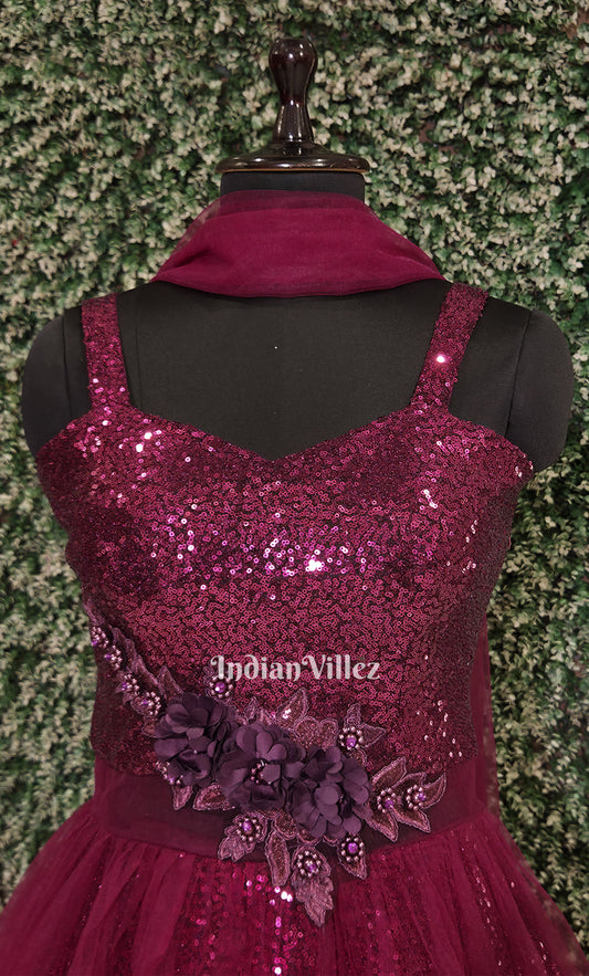 Party Wear  Designer Wine Indowestern Gown with Sequins Embroidery 