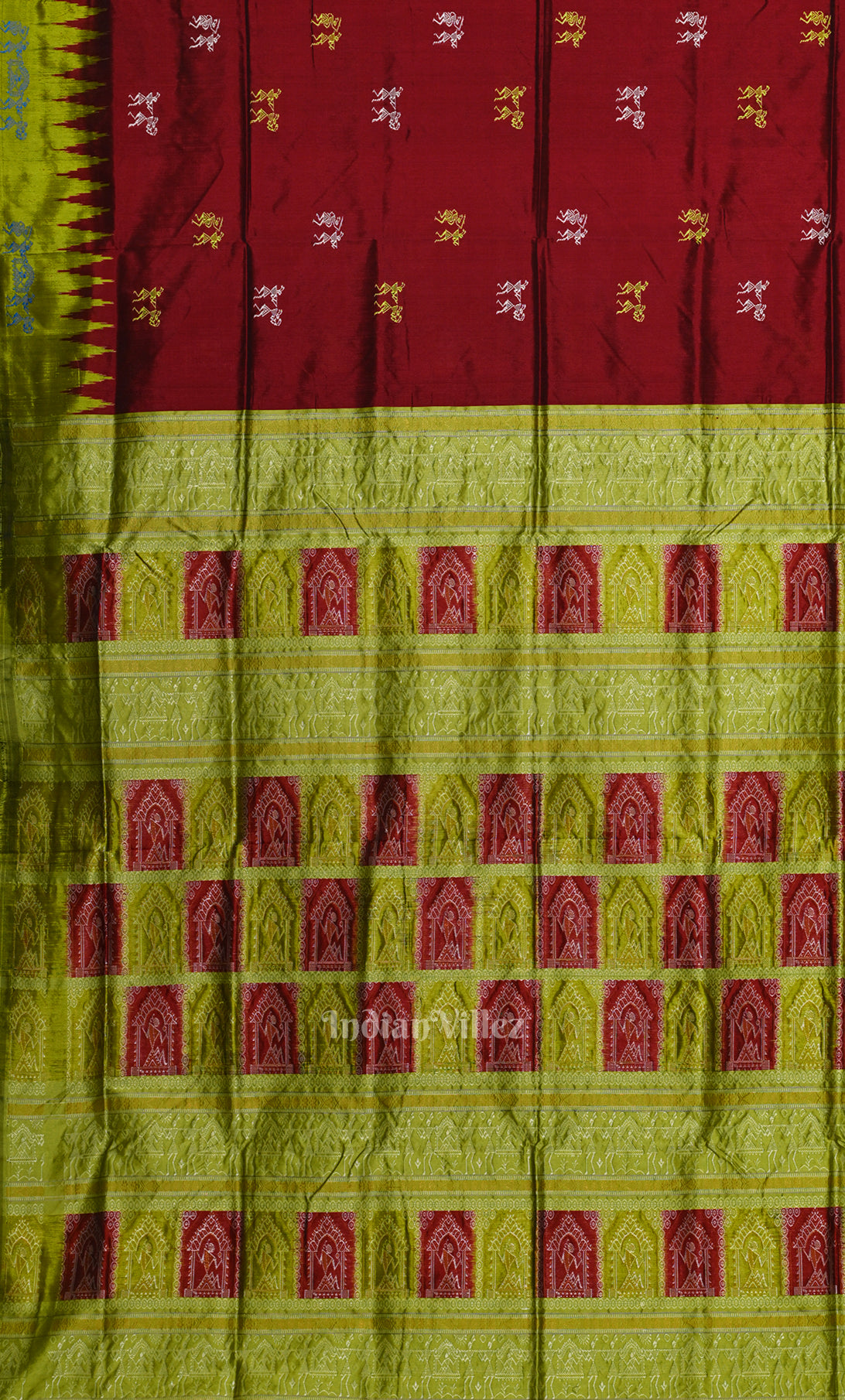 Maroon Green Tribal Doli Sawari Odisha Ikat Bomkai Sambalpuri Silk Saree