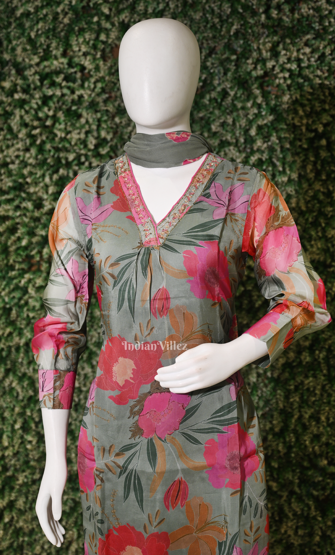 Grey with Multi Colour Floral Embroidered  Kurta Pant with Dupatta Set 