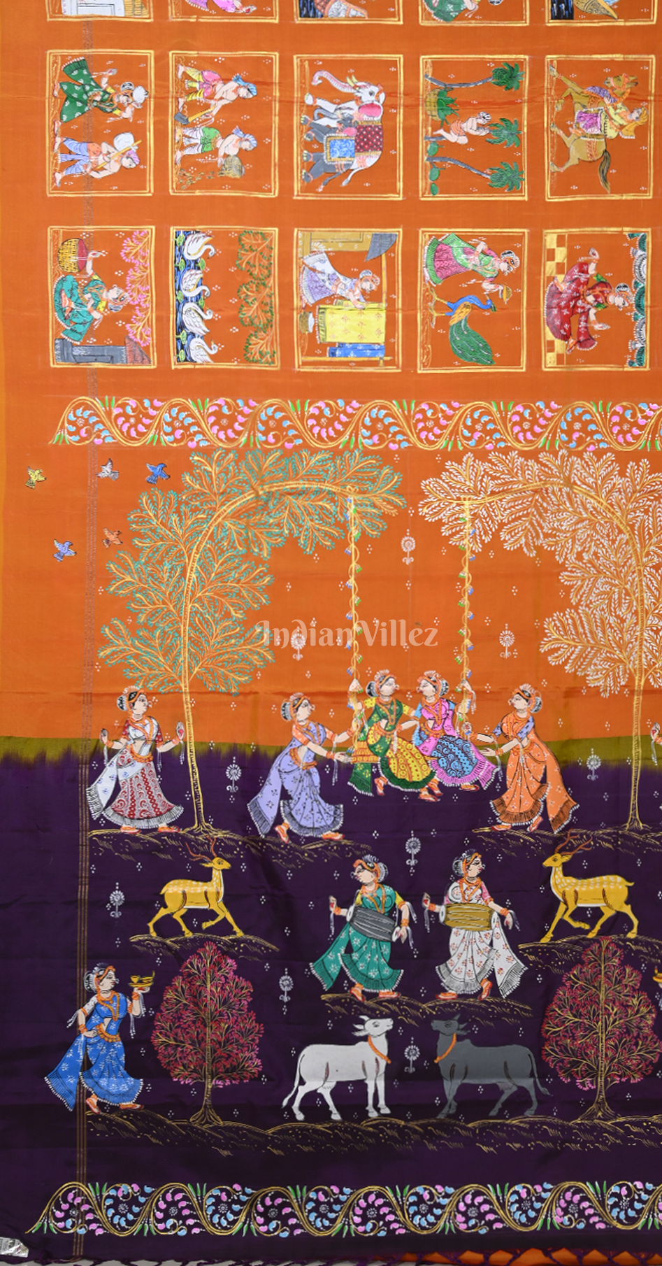 Rust Orange Purple Village Theme Hand- Painted Pattachitra Saree 