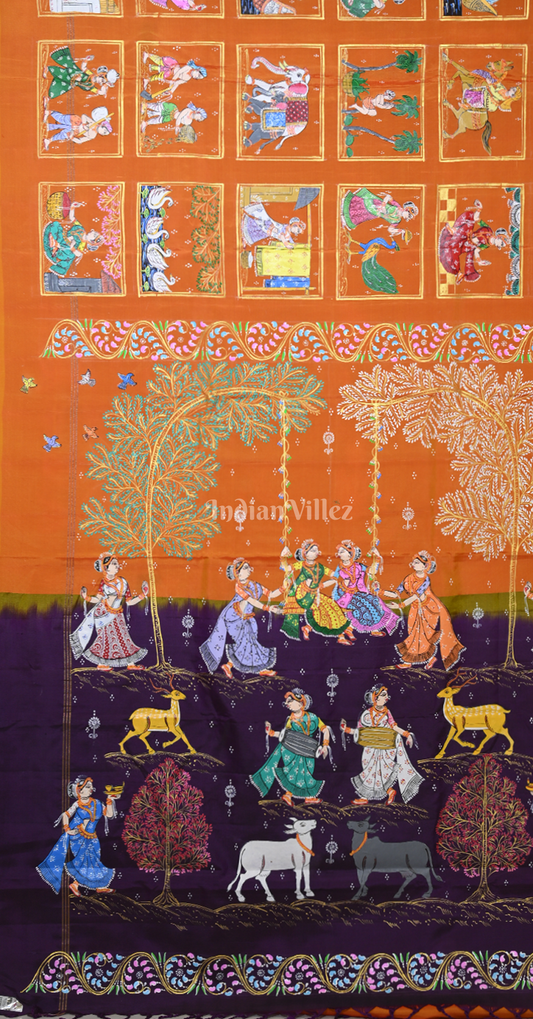 Rust Orange Purple Village Theme Hand- Painted Pattachitra Saree 