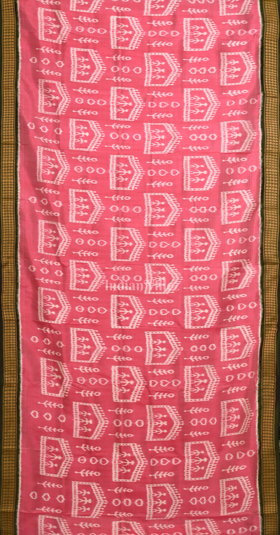 Pink Green House Tribals Motif Odisha Ikat Khandua Silk Saree