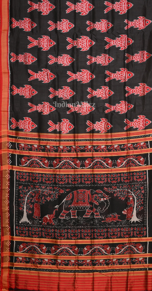 Black Red Fish Motif Odisha Ikat Sambalpuri Silk Saree 