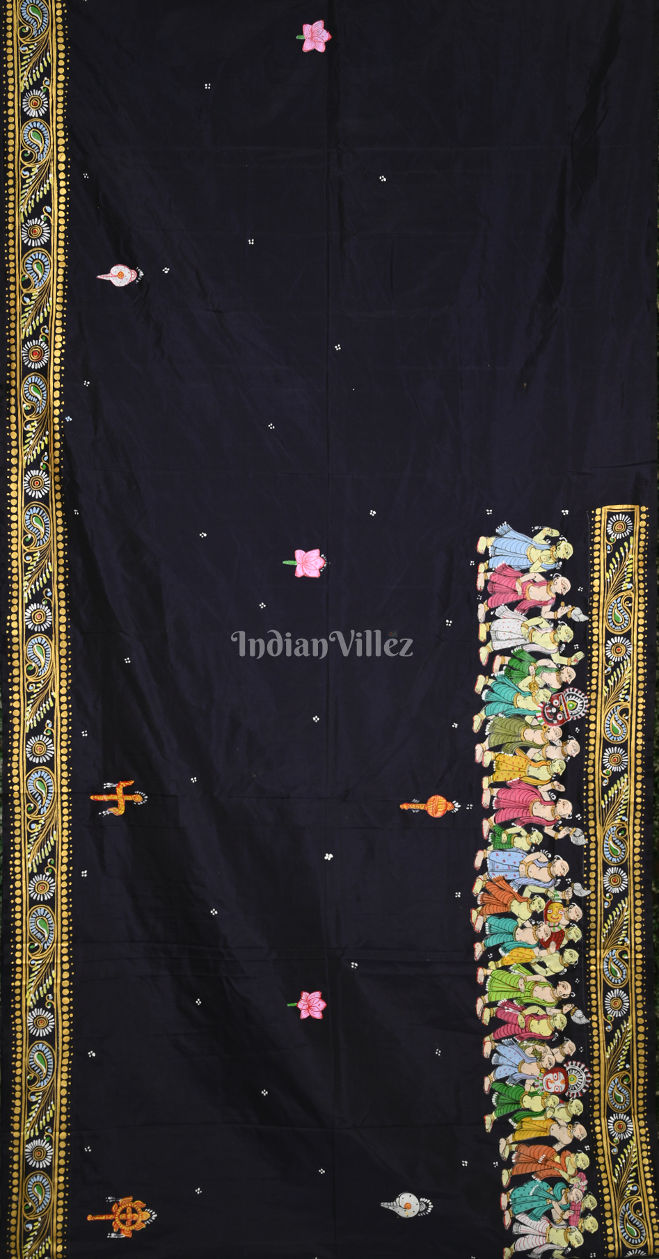 Navy Blue Shree Jagannath Ratha Yatra Hand-Painted Pattachitra Saree