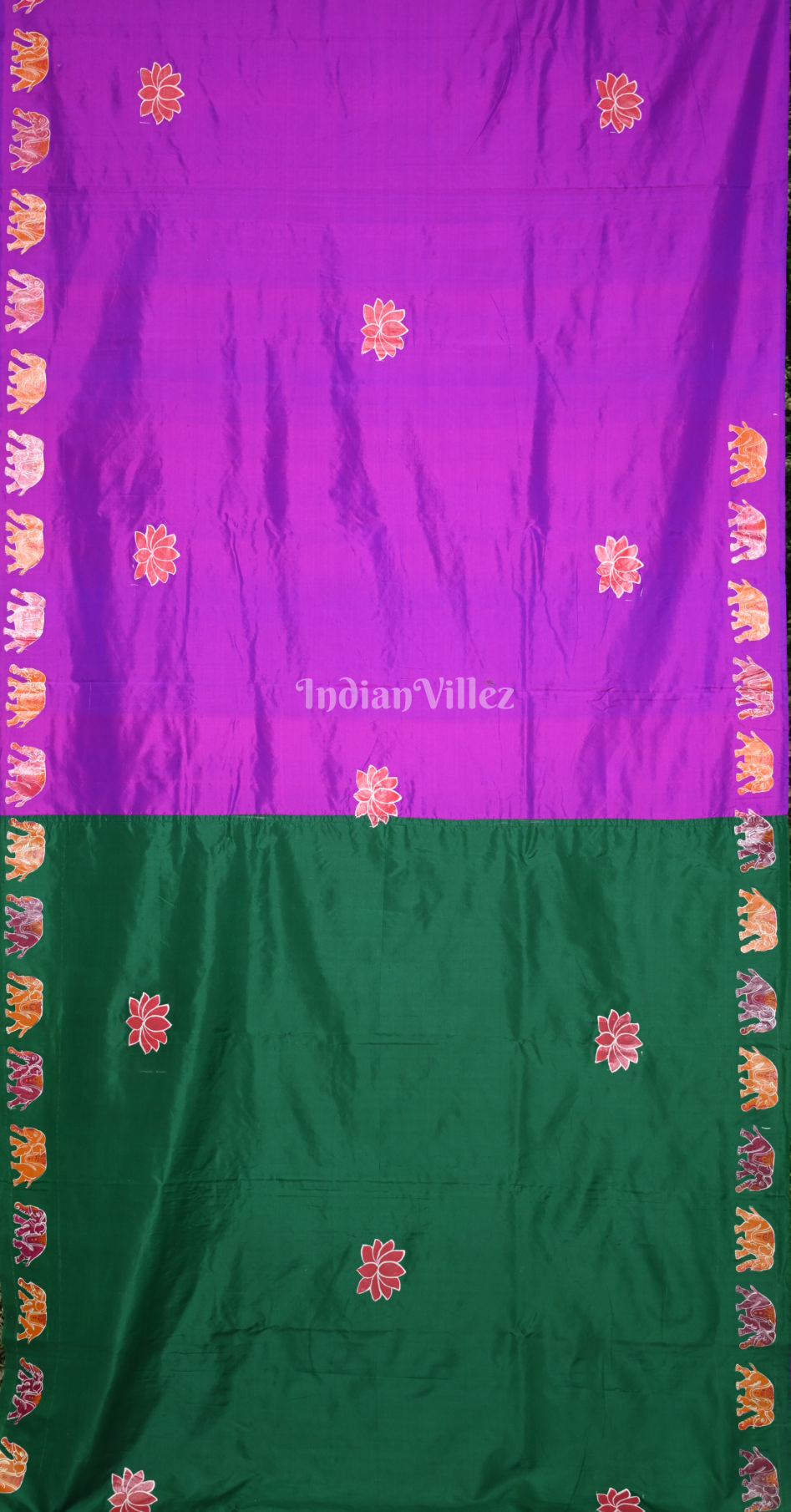 Purple Green Hand Embroidered Applique Work Saree 