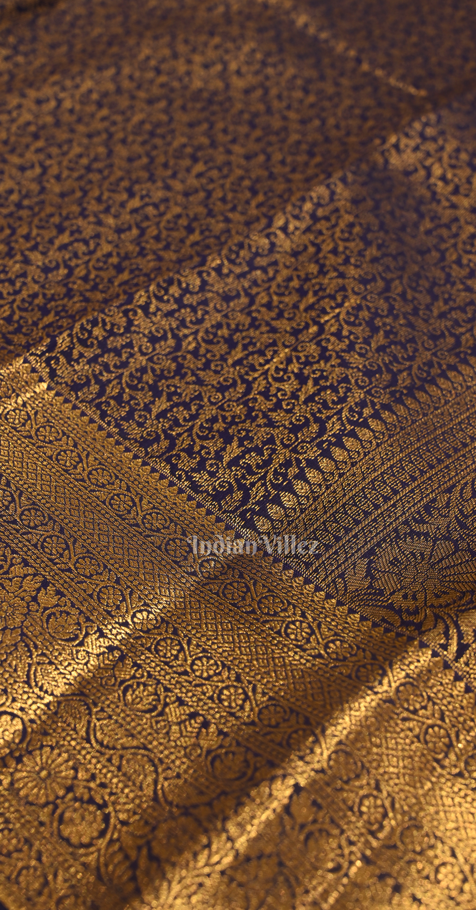 Navy Blue Gold Floral Pure Brocade Kanjivaram Silk Saree