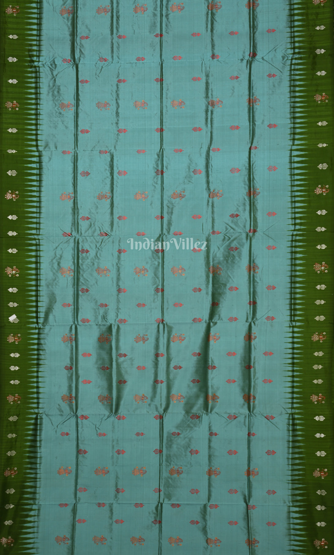 Sea Blue Olive Green Odisha Ikat Bomkai Sambalpuri Silk Saree with Doll Aanchal