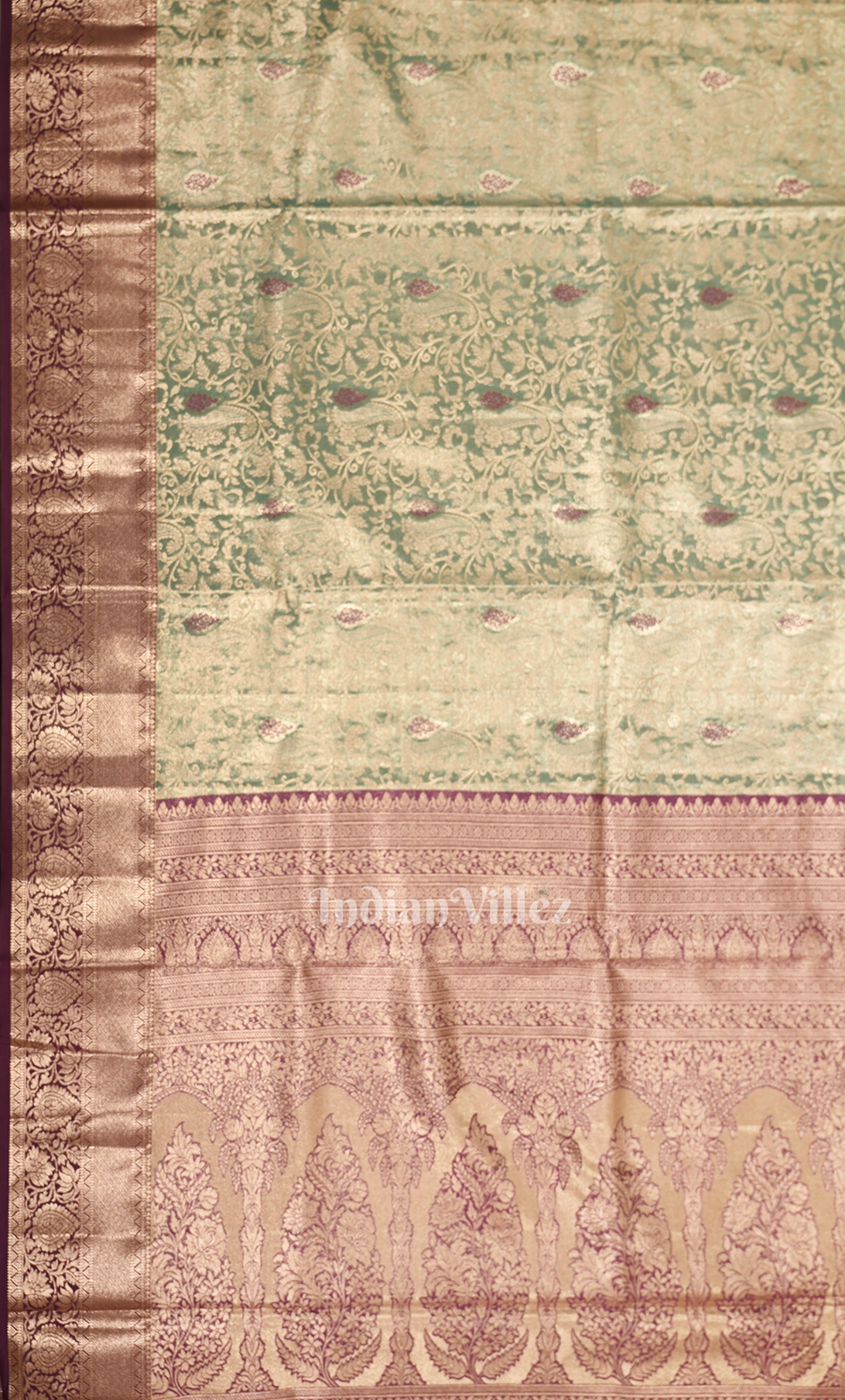 Turquoise  Green Wine Brocade Pure Kanjivaram Tissue Silk Saree 