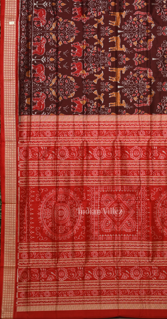 Coffee Maroon Jungle Theme Odisha Ikat Sambalpuri Silk Saree 