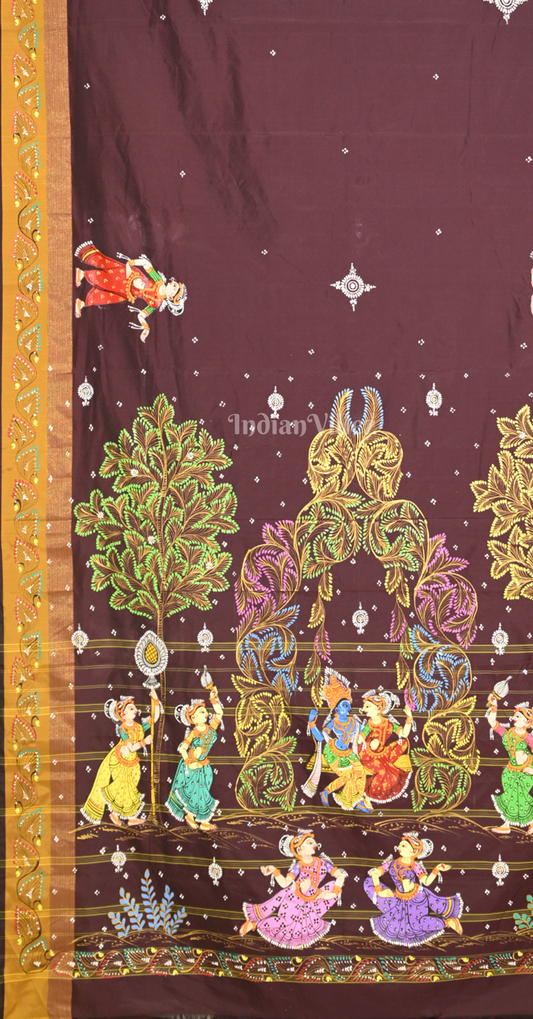 Coffee Mustard Yellow Radha Krishna Doli Theme Hand-Painted Pattachitra Saree