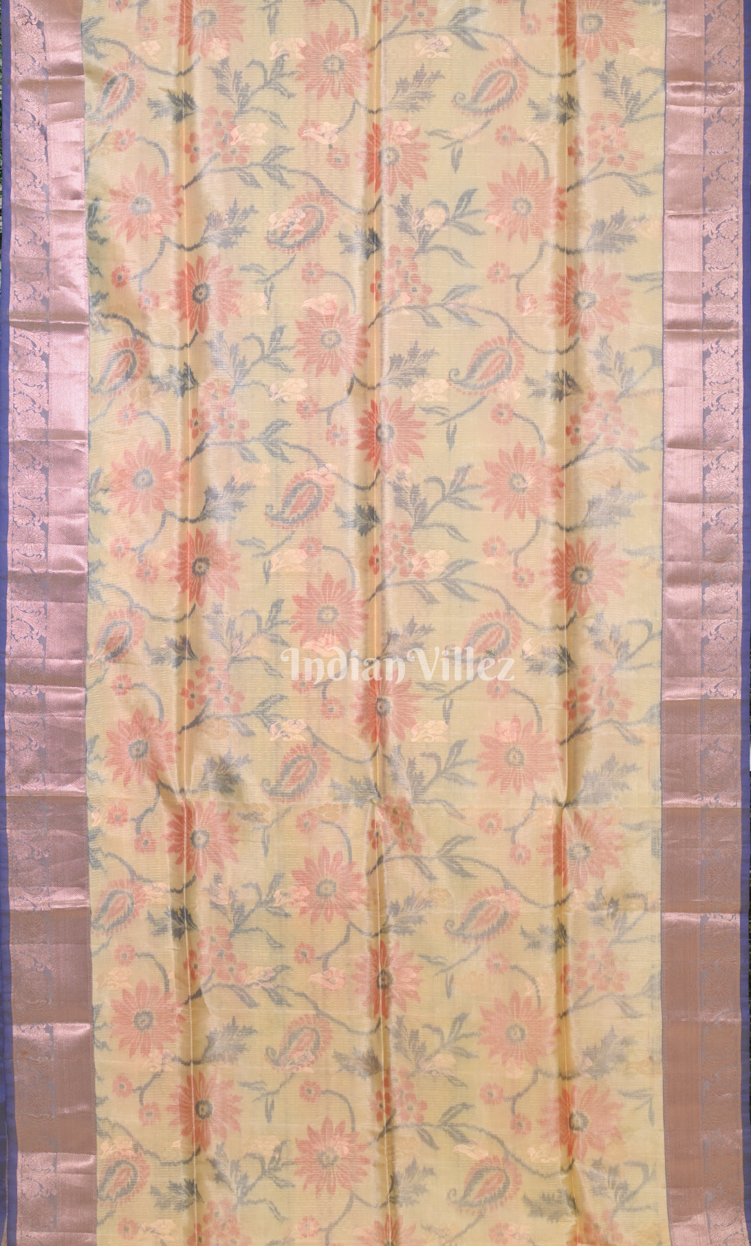 Cream Blue Pure Kanjivaram Soft Silk Saree 