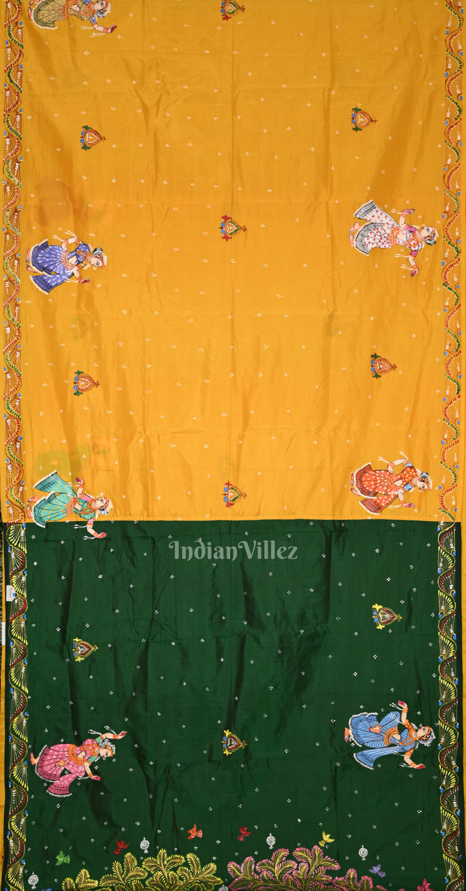 Yellow Green (Mayur) & Nartaki Theme  Hand-Painted Pattachitra Saree 