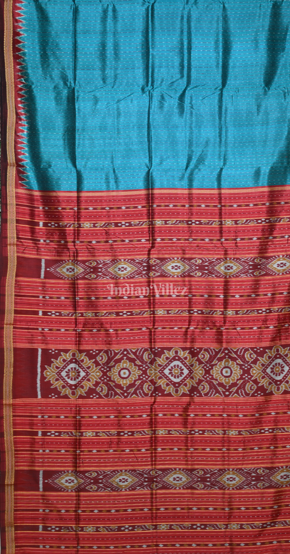 Turquoise Blue Maroon Stripped Odisha Ikat Khandua Silk Saree 
