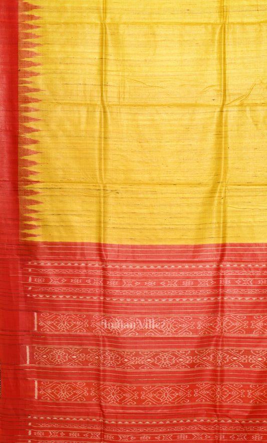 Yellow Red Gopalpur Tussar Silk Saree with Blue Border & Anchal
