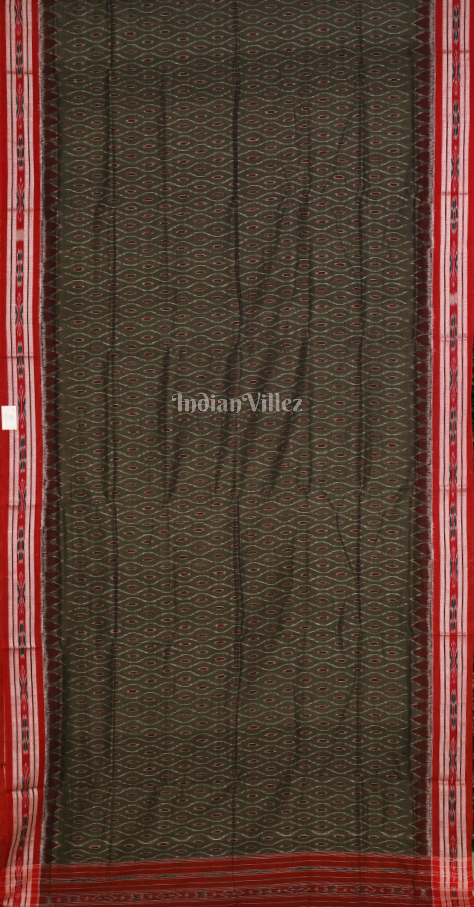 Olive Green Red Odisha Ikat Maniabandha Cotton Saree 