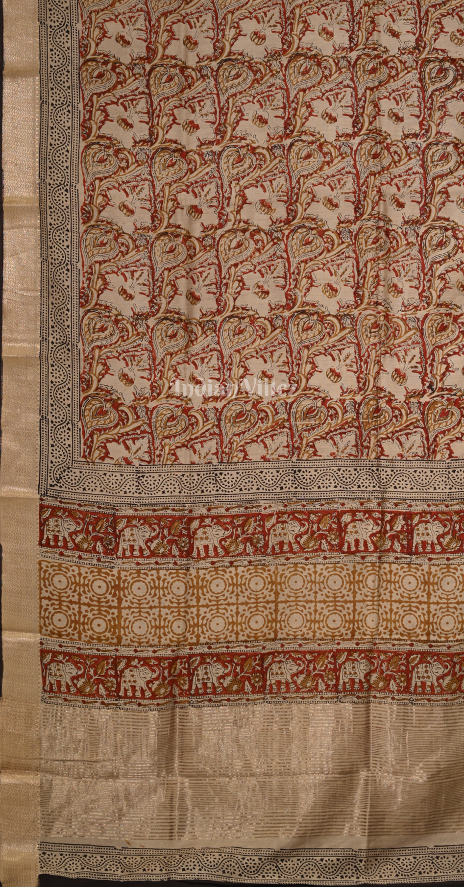 Cream Block Printed Bagru Cotton Saree 