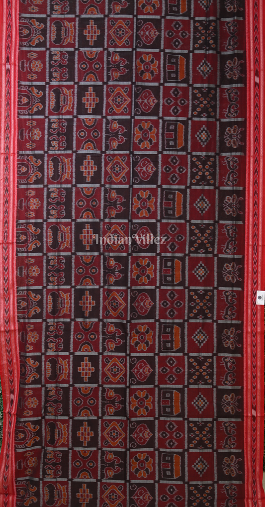 Maroon Black Nabakothi Odisha Ikat Sambalpuri Cotton Saree 