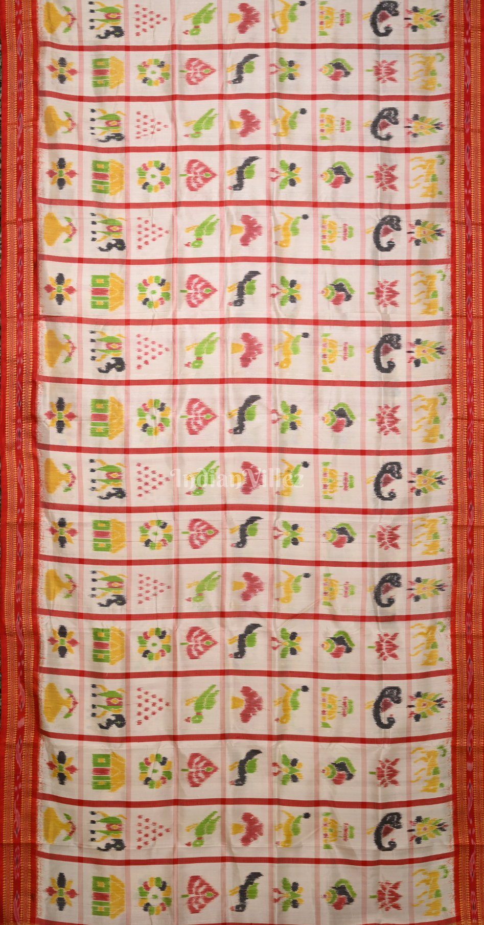 White Red Nabakothi Odisha Ikat Khandua Silk Saree with Jungle Anchal