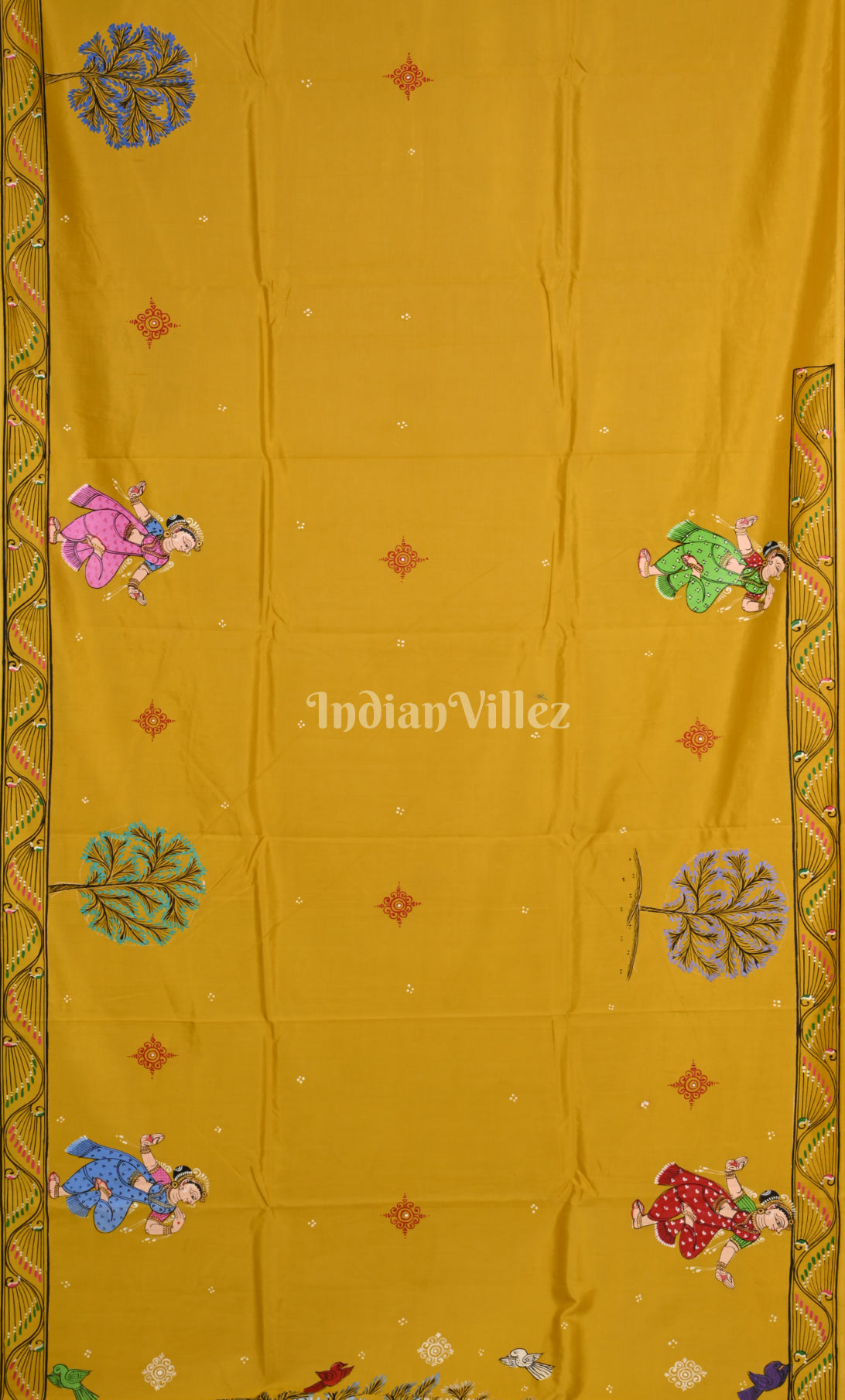 Yellow Raja Doli Theme Hand-Painted Pattachitra Saree