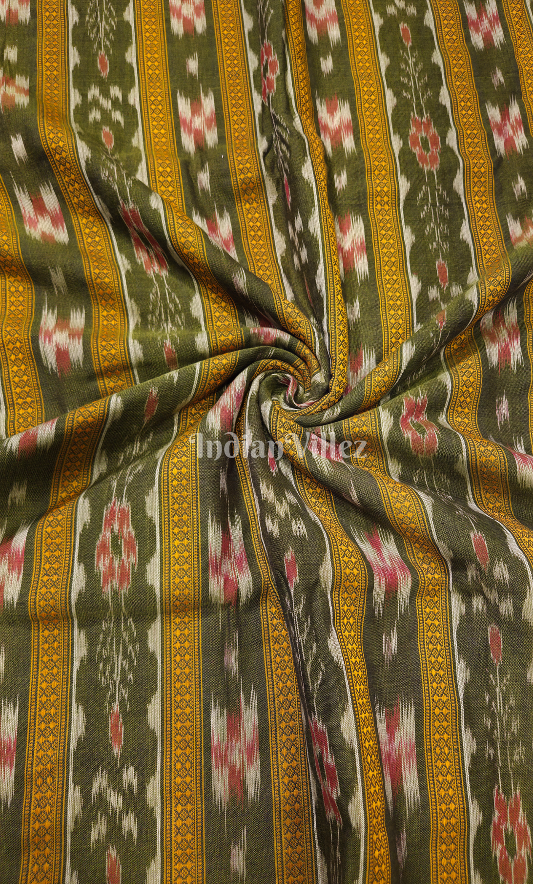 Green Yellow  Pasapali Flower Theme Odisha Ikat Sambalpuri Cotton Fabric
