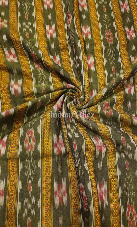 Green Yellow  Pasapali Flower Theme Odisha Ikat Sambalpuri Cotton Fabric