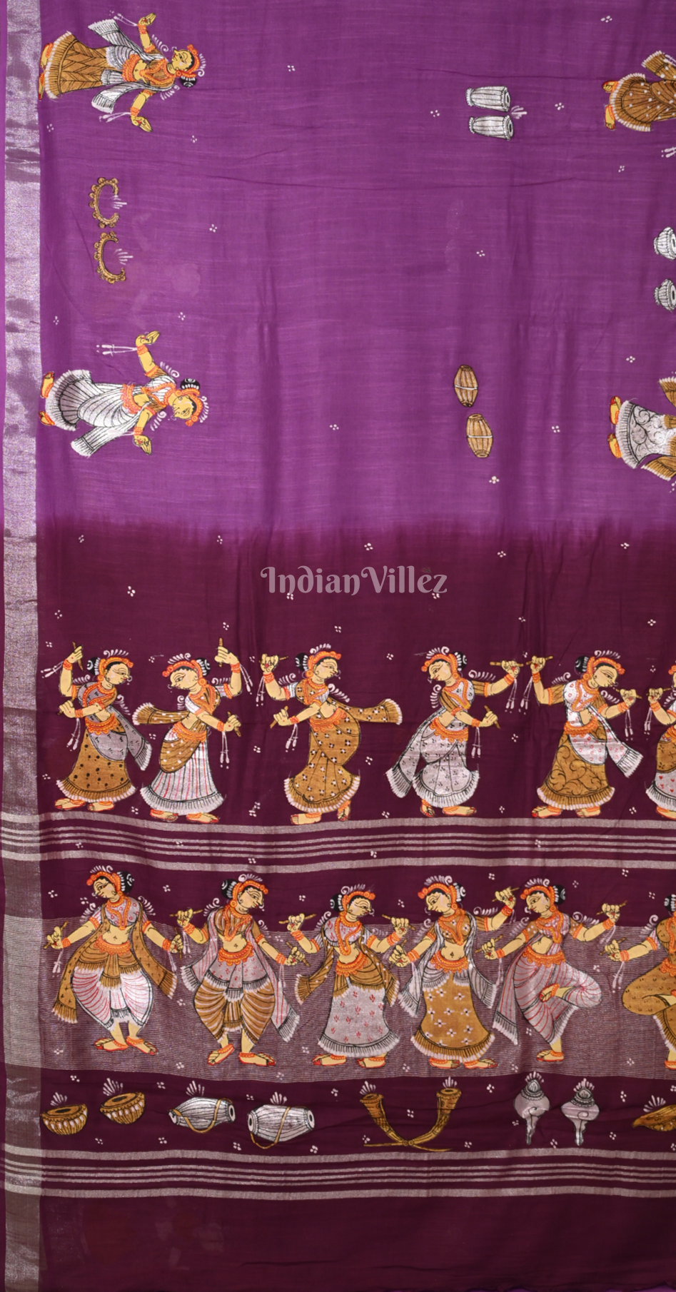 Purple Maroon Nartaki Theme Hand-Painted Pattachitra Saree