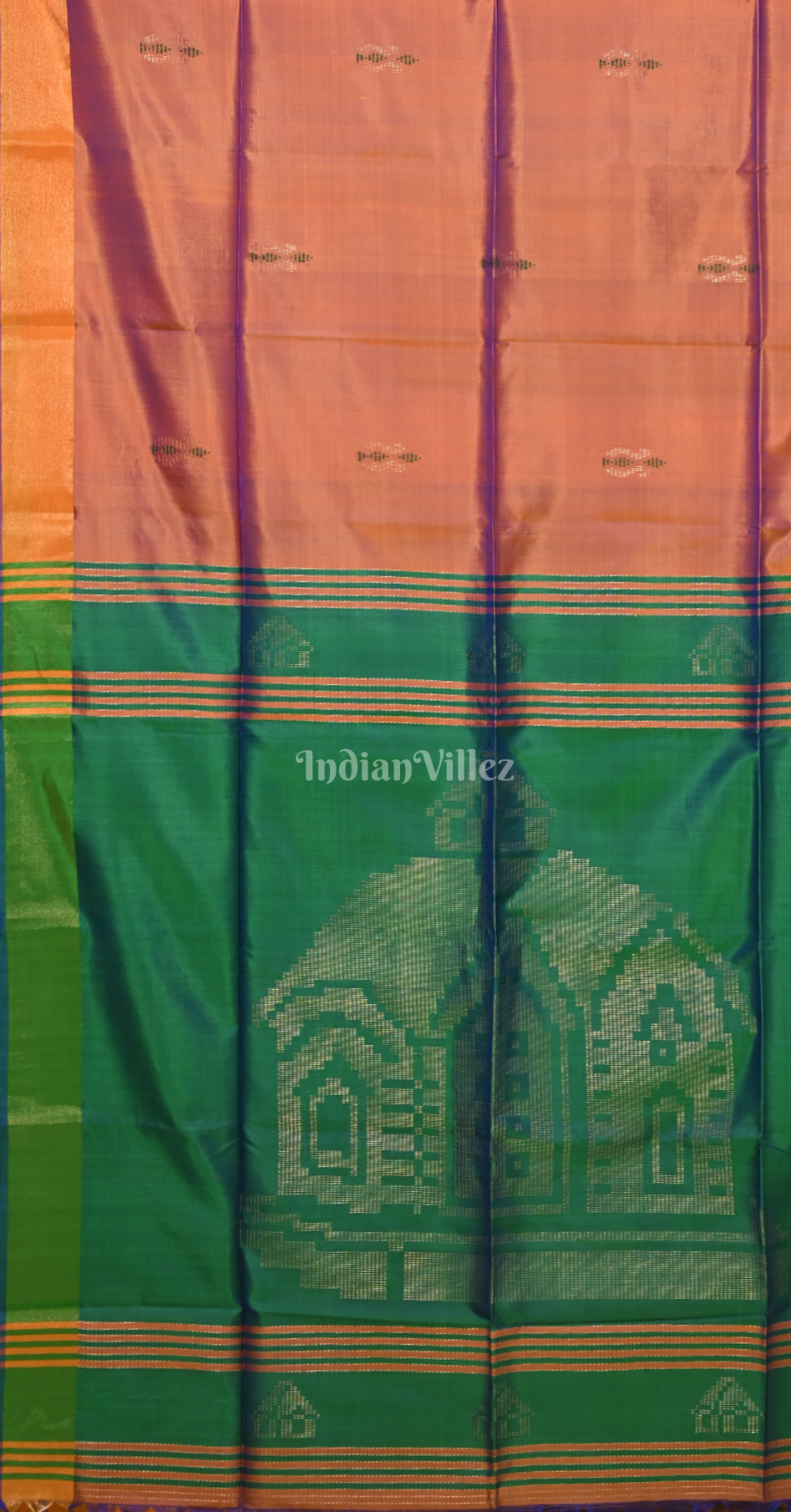 Rust Orange Green Pure Bishnupuri Silk Saree 