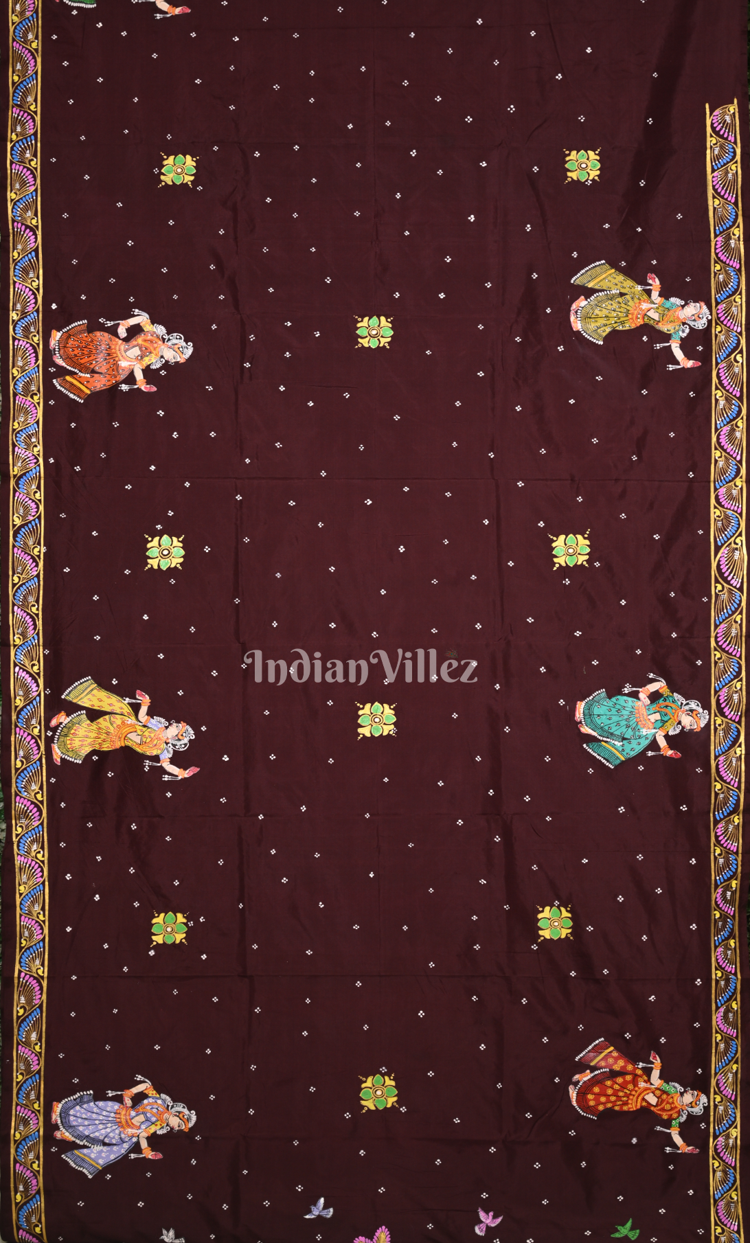 Maroon Peacock (Mayur) & Nartaki Theme  Hand-Painted Pattachitra Saree