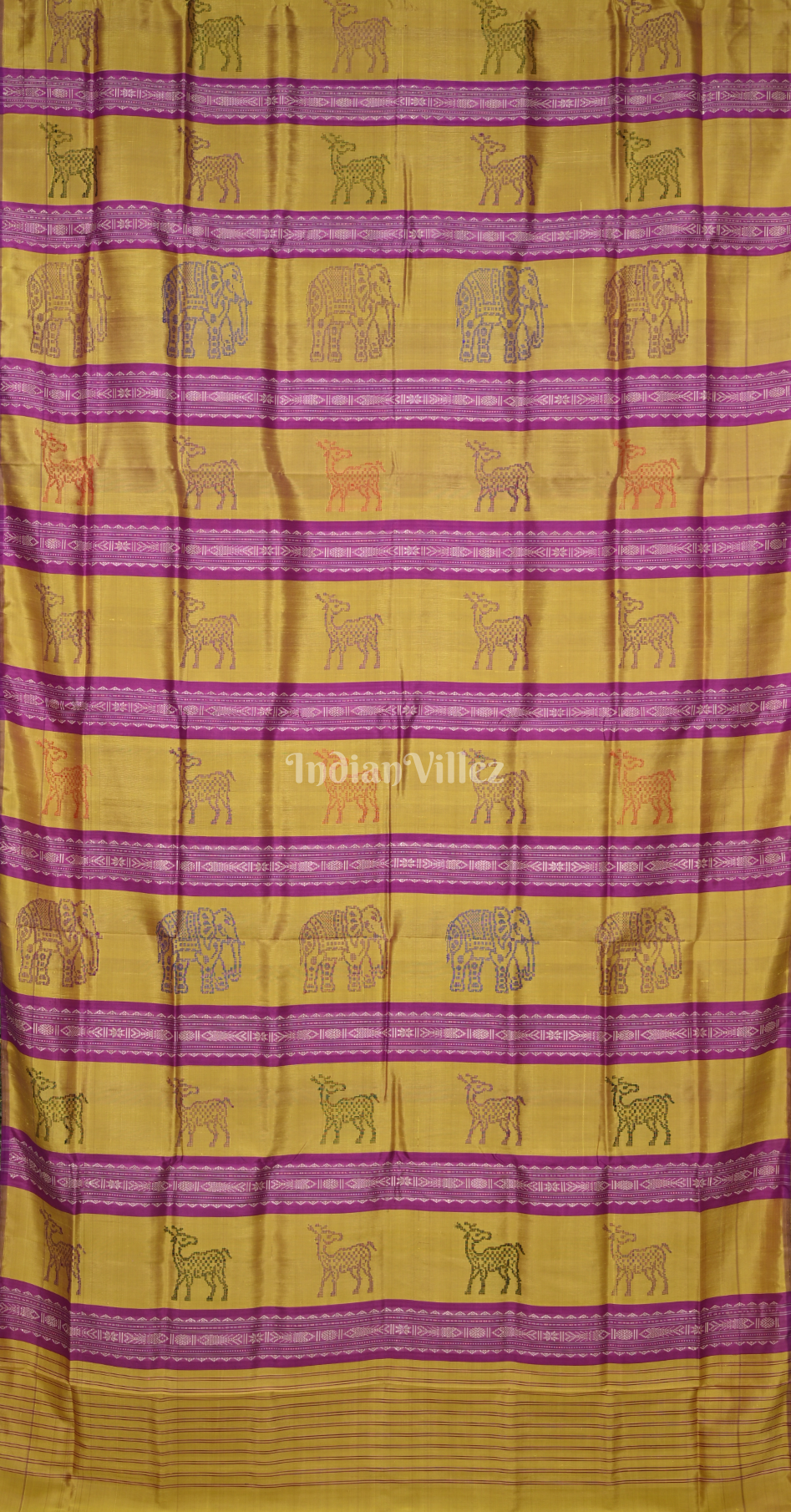 Purple Mustrad Yellow Fish Motif Double Pallu Berhampuri Silk Saree