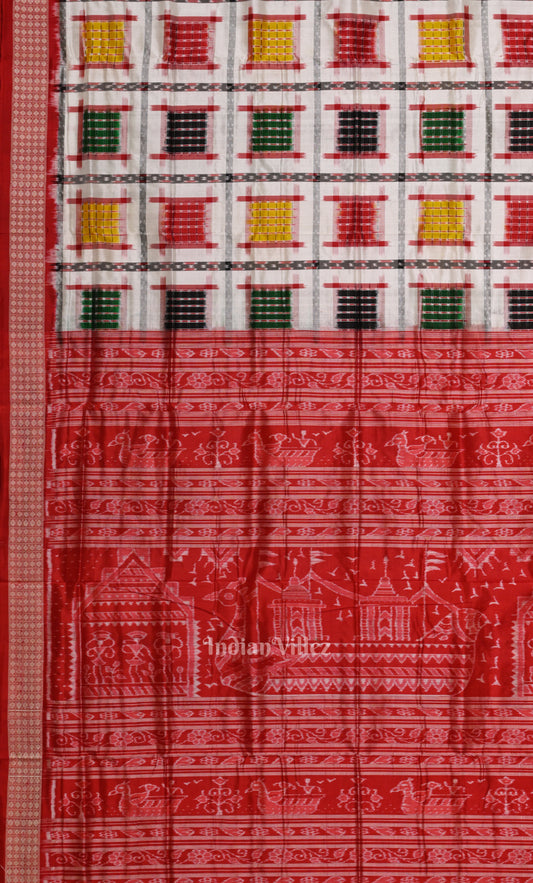 White Red Ashwini Odisha Ikat Sambalpuri Silk Saree