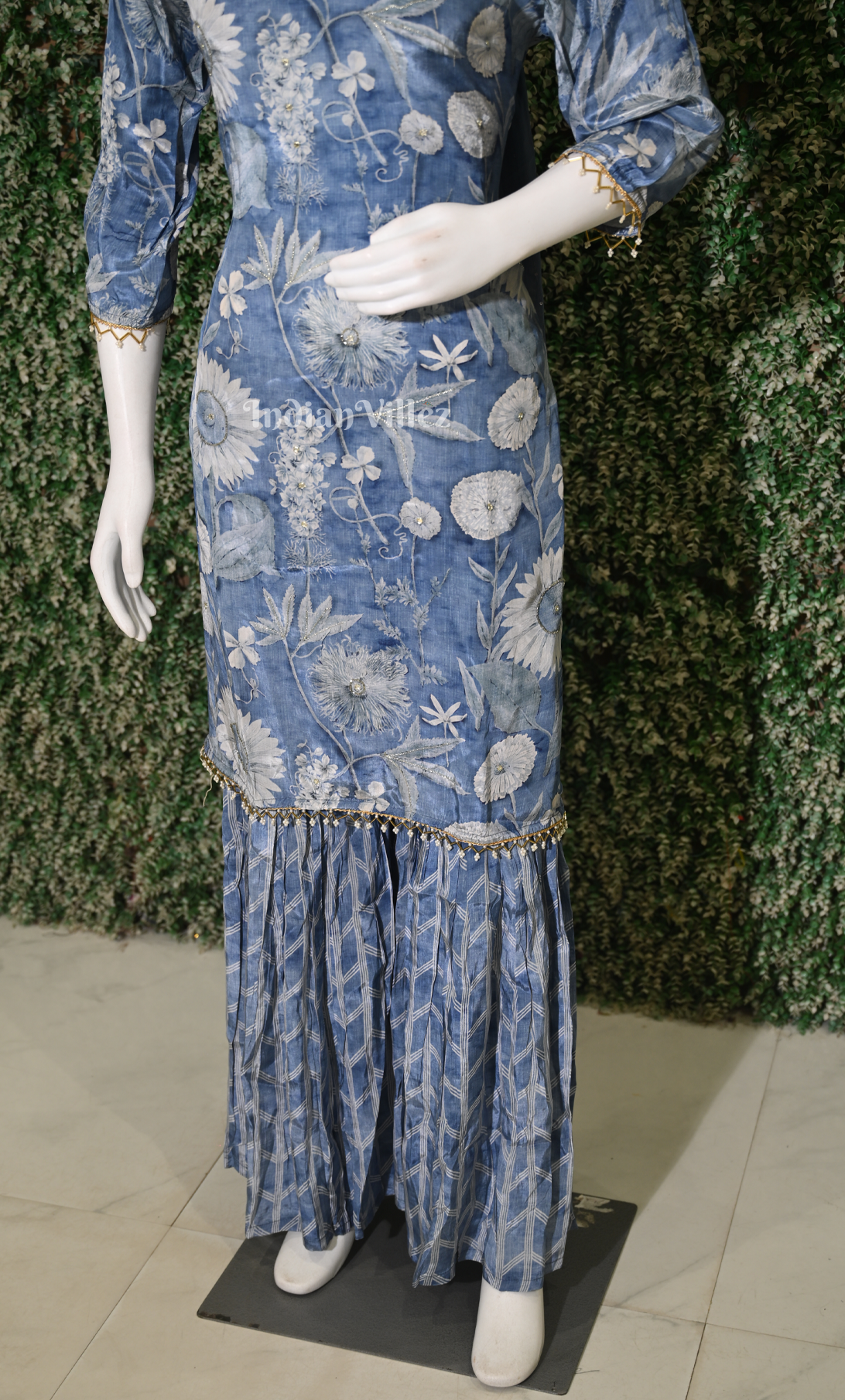 Blue Floral Print Kurta with Sharara Set & Dupatta