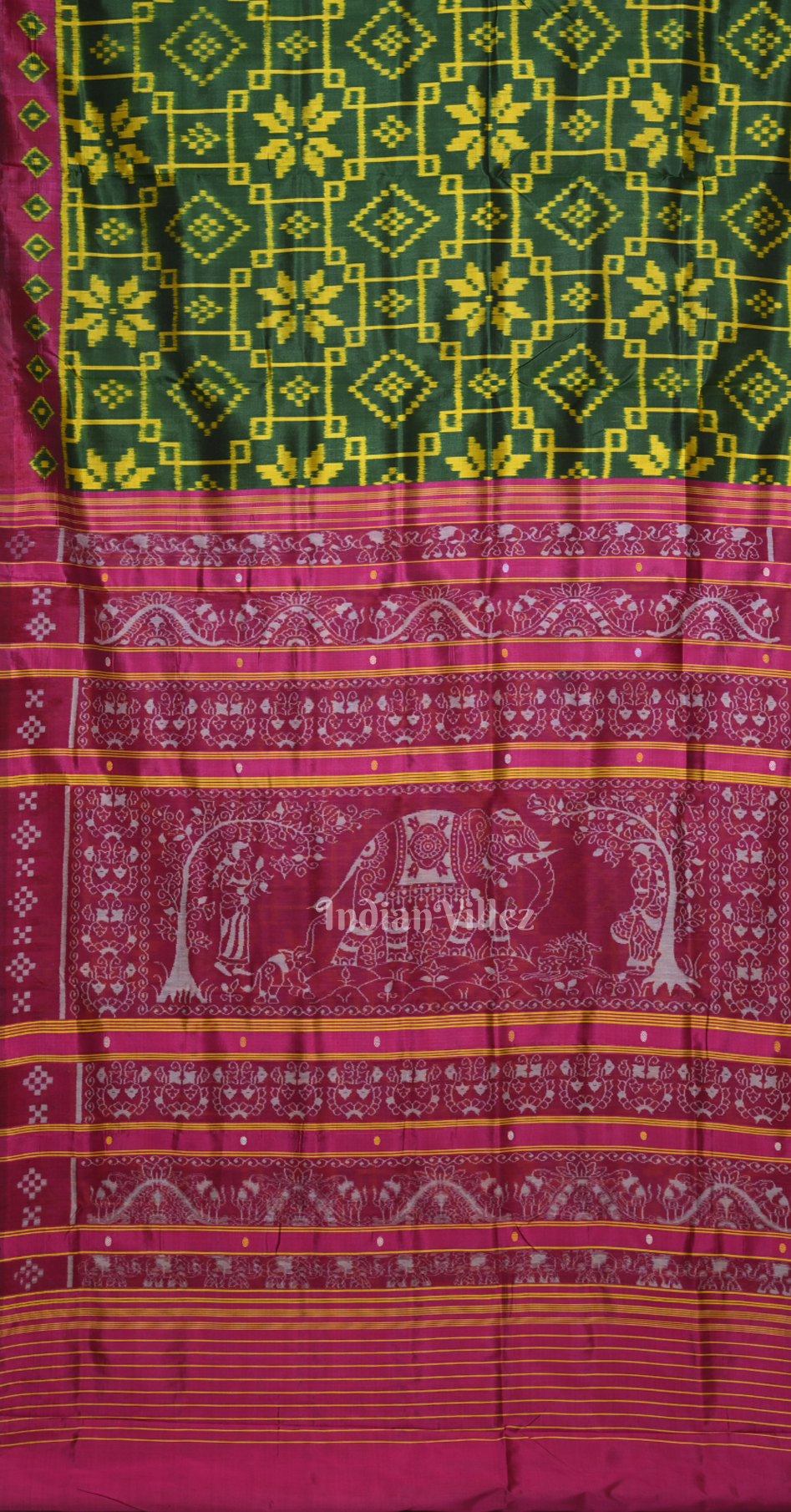 Green Magenta Pink Telia Rumal Contemporary Designer Saree with Elephant Anchal 