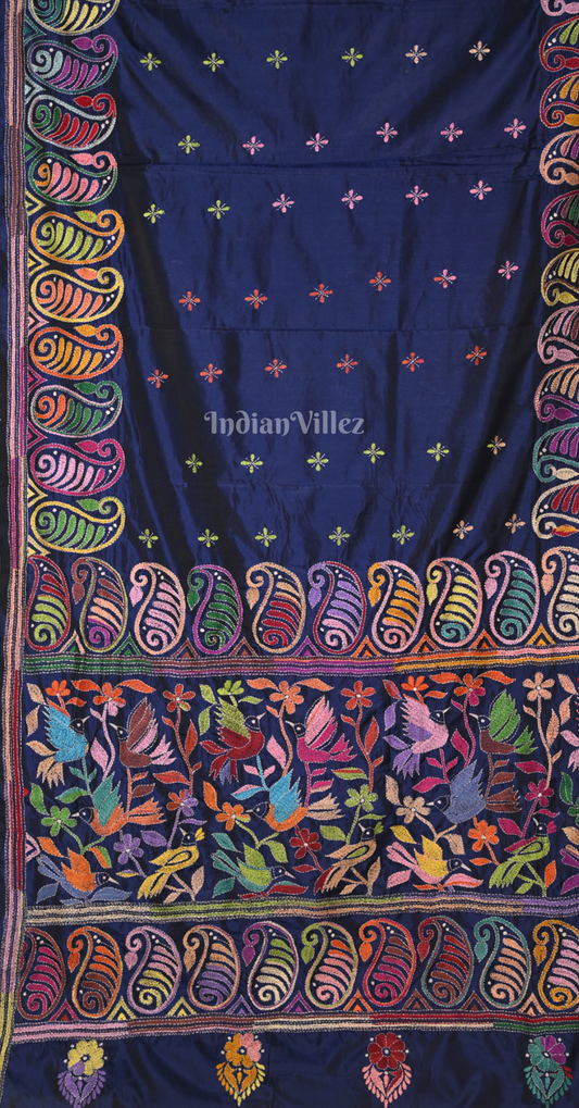 Royal Blue Floral Handwoven Kantha Stitch Silk Saree 