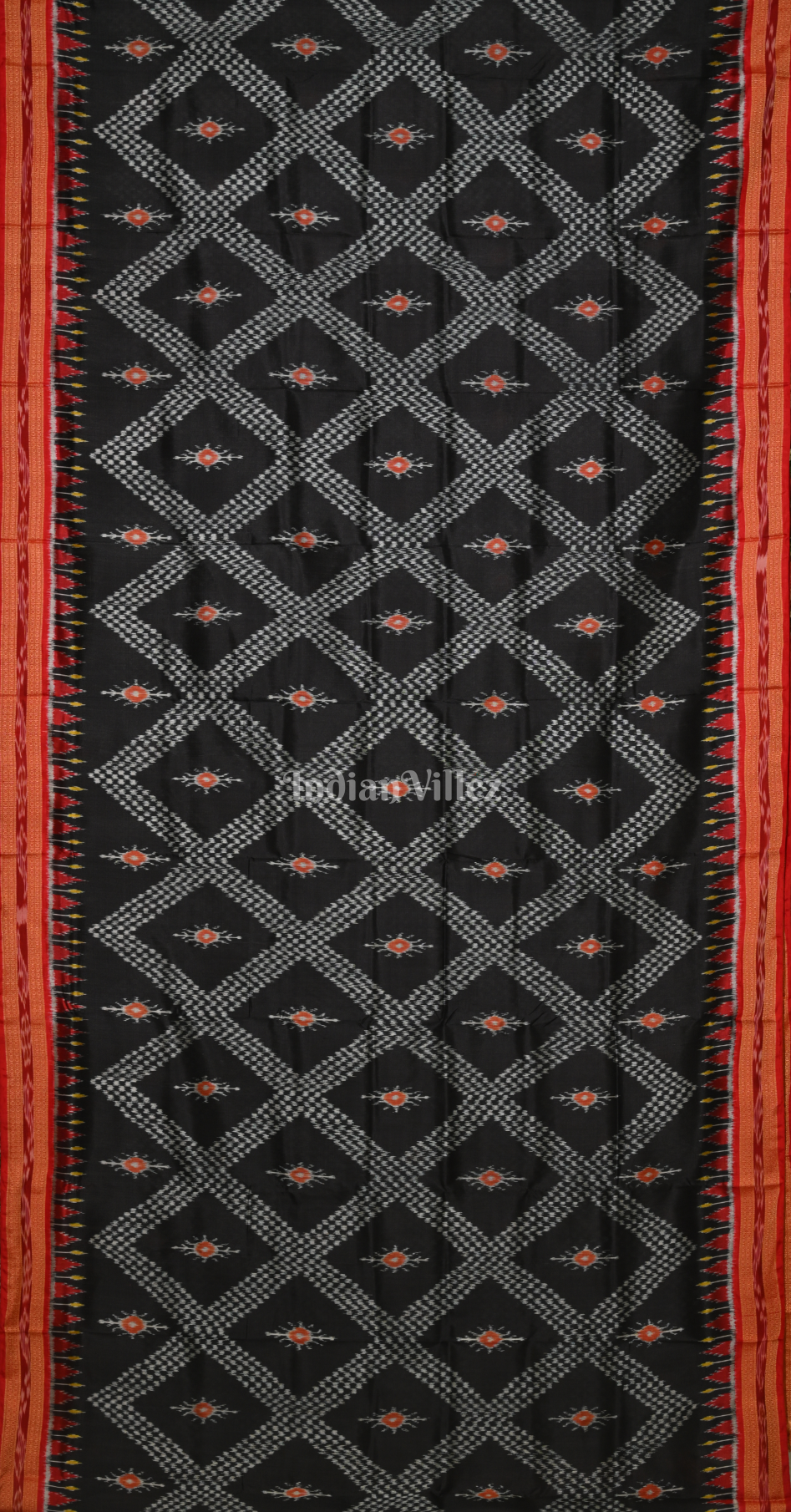 Black Red Tarabali Odisha Ikat Khandua Silk Saree with Elephant Anchal