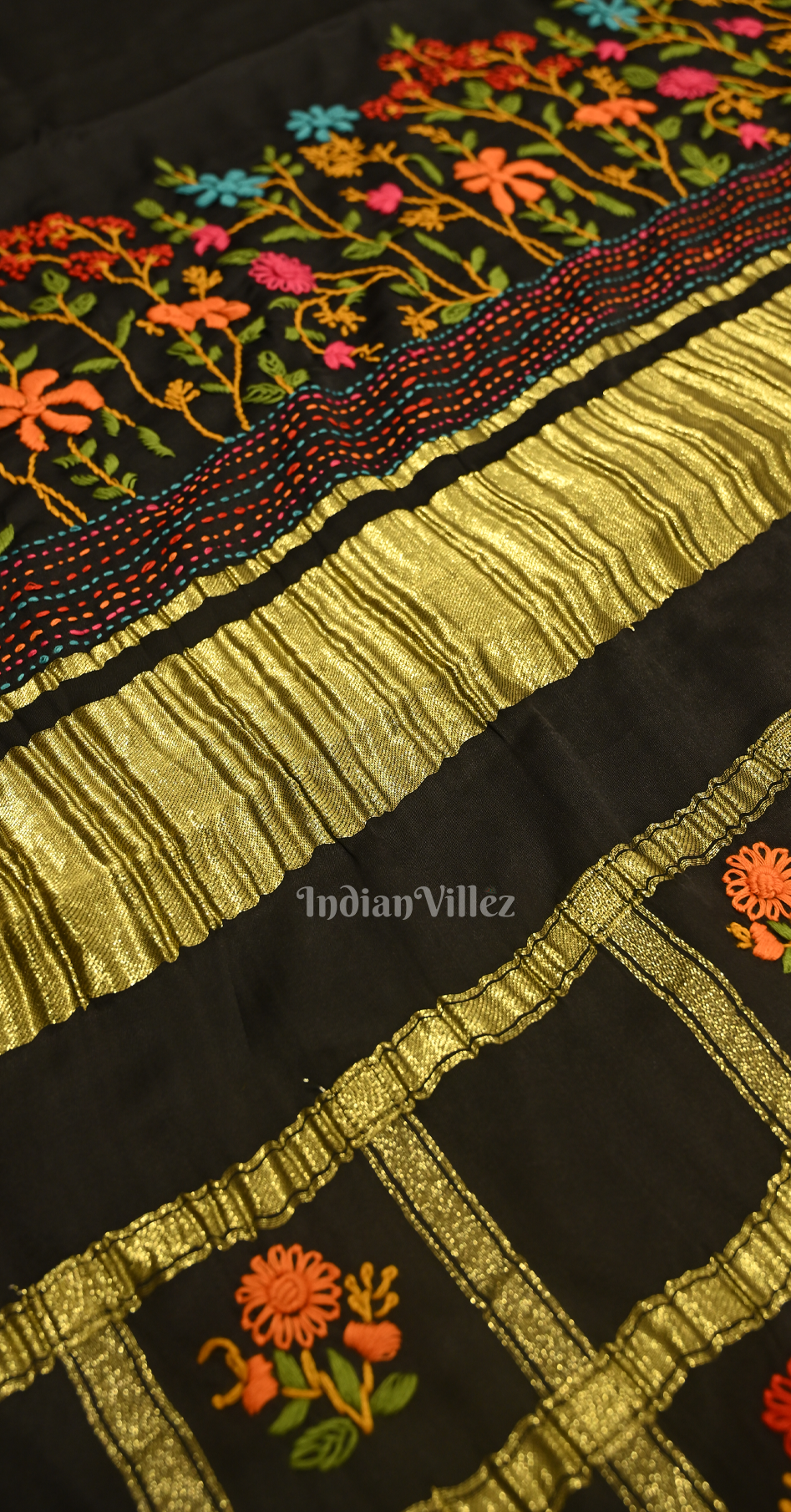 Black Kutch Embroidery Work Gaji Silk Saree 